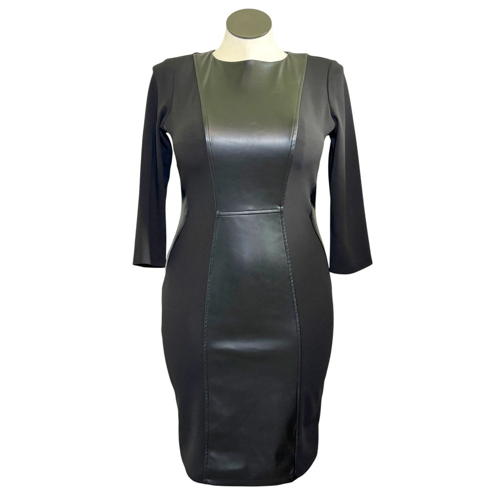 Addison‎ Black Faux Leather Panel Bodycon Sheath Dress Womens Size 8 Mixed Media